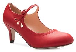 Olivia K Mary Jane Pumps für Damen, Kätzchen, niedriger Absatz, runder Zehenbereich, entzückende Vintage-Retro-Schuhe, einzigartiges Design mit seitlichem Ausschnitt, Rot (Rot PU), 38 EU von Olivia K