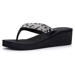 Olivia Miller Avalon Damenschuhe, PU-Leder, glitzernd, mit Strasssteinen, T-Straßen, Tanga-Stil, zum Reinschlüpfen, lässig, elegant, Sommer, Strand, 5.1 cm, Schwarz mit weißen Strasssteinen, 39 EU von Olivia Miller