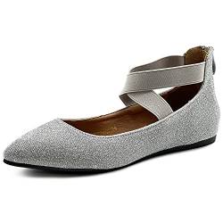 Ollio Damen Glitzer Elastischer Knöchelriemen Spitze Zehen Ballerinas F189, silber, 37.5 EU von Ollio