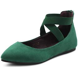 Ollio F167 Damen-Ballerinas aus Velourslederimitat, elastischer Knöchelriemen, spitzer Zehenbereich, Grün , 39 EU von Ollio