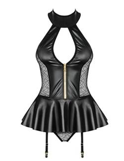 Frauen PU Leder Dessous Set Ärmellos Neckholder Club Nachtwäsche PVC Minikleid Wetlook Outfits mit Strumpfgürtel, Schwarz , One size von Oludkeph