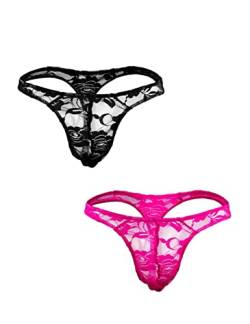 Oludkeph 2 Spitze Herren Strings Mesh G String Herren Tanga mit Niedriger Taille Bikini Höschen für Männer Bikini Slip Unterwäsche (Schwarze Rose) von Oludkeph