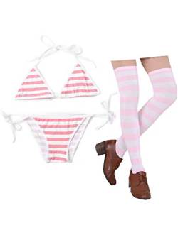 Oludkeph 3 PCS Sexy japanische süße Anime Dessous Set für Frauen mit gestreiften Oberschenkel High Socks Bikini (Rosa, S-M) von Oludkeph