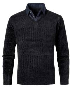 OlyljpinZ Herren 2 in 1 Hemd Kragen Pullover Slim Fit V-Ausschnitt Langarm Strick-Pullover Chenille Strickwaren Feinstrick Pullover Schlicht Casual Sweatshirt Strickjacke von OlyljpinZ