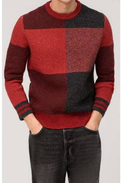 OLYMP Casual Regular Fit Strickpullover Rundhals rot, Kariert von Olymp