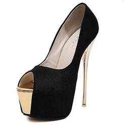 16CM/6.30IN Damen Stiletto High Heel Schuhe Open Toe Thin Heel Schuhe Sexy Stiletto Fischmaul wasserdichte Plattform Damenschuhe Große Größe 34-45,Schwarz,34 EU von Omeslike