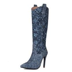 Damen-Stiefel mit Stilettos und hohen Absätzen, spitzer Zehenbereich, Kniehohe Stiefel, modische Party, Elegante Stripper-Absätze für Frauen,Blau,45 von Omeslike