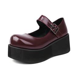 Frauen Vintage Mary Jane Pumps, süße süße runde Zehe High Heel, Lolita Cosplay Academy einheitliche Schuhe, Bequeme Loafer Schuhe,Rot,46 von Omeslike