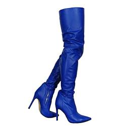 Mattblaue, oberschenkelhohe Stiefel aus PU-Leder für Damen, spitzer Zehenbereich, Reißverschluss, modisch, bequem, sexy Stiletto-High-Heel-Overknee-Stiefel,Blau,45 von Omeslike