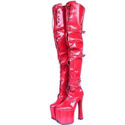 Omeslike 8 '' Chunky Heel Overknee-Stiefel, Damen-Pink-Leder-Gothic-Oberschenkel-Lange Stiefel, sexy Fetisch-High-Heels, Pole-Dance-Stripper-Perform-Schuhe, große Größe,Rot,40 von Omeslike