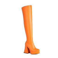 Omeslike Damen GOGO-Stiefel mit klobigem Absatz, Stretch-Leder, Overknee-Stiefel, Halloween-Cosplay-Nachtclub-Bühnenshow, oberschenkelhohe Stiefel,Orange,39 von Omeslike