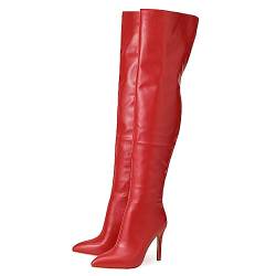 Omeslike Damen-Herbst-Winter-Komfort-Oberschenkelhohe Stiefel, schwarze spitze Zehen-High-Heel-Reißverschluss-Overknee-Stiefel, sexy Oberschenkel-hohe Stiefel für Frauen,Rot,42 von Omeslike