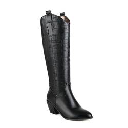 Omeslike Damen Schlupfstiefel mit rundem Zehenbereich, Cowboystiefel, niedriger Absatz, breite Wade, modisch, Herbst und Winter, Übergrößen, Schwarz, 45 EU von Omeslike