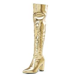 Omeslike Damen-Stiefel mit klobigem Absatz und hohem Absatz, spitzer Zehenbereich, Reißverschluss, enge hohe Stiefel, Overknee-Stiefel, Gothic-Punk-Motorrad-Kampfstiefel,Gold,46 von Omeslike