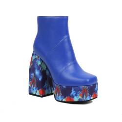 Omeslike Damenmode, Herbst-Winter, seitlicher Reißverschluss, Pailletten, kurze Stiefeletten, quadratische Zehen, klobige High Heels, Plateau-Stiefeletten, 11,9 cm,Blau,37 von Omeslike