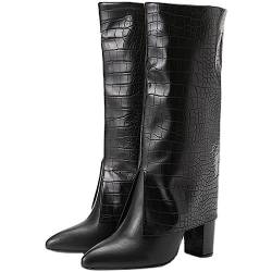 Omeslike Hohe Damenstiefel mit spitzer Zehenpartie, bequemer, zum Überziehen geeigneter, klobiger Absatz, spitze Zehenpartie mit künstlichem Krokodil, modische mittelhohe Stiefel,Schwarz,39 von Omeslike