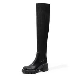 Omeslike Kniehohe Damen-Reitstiefel mit Stretch-Bondage-Strumpf, bequeme Herbst-/Winterstiefel mit klobigem Absatz und runden Zehen,Schwarz,42 von Omeslike