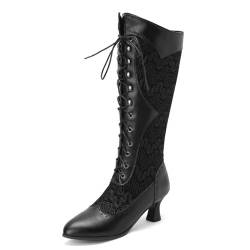 Omeslike Kniehohe Damen-Schnürstiefel aus Kunstleder, schwarze Motorrad-Reitstiefel mit klobigem Absatz, sexy Biker-Stiefel mit Schnürung,Schwarz,37 von Omeslike