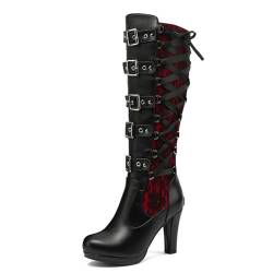 Omeslike Kniehohe Damen-Spitzen-Gothic-Stiefel, knielange Schnürstiefel mit Schnalle und Blockabsatz, hoher Punk-Plateau-Stiefel,Black 1,40 von Omeslike