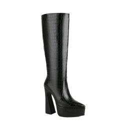 Omeslike Kniehohe GOGO-Stiefel mit spitzer Zehenpartie für Damen, klobiger Absatz, seitlicher Reißverschluss, hoher Herbst-Winter-Stiefel,Schwarz,45 von Omeslike