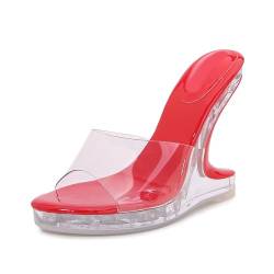 Omeslike Transparente Damen-Mules-Sandalen mit Keilabsatz und Plateau-Absatz, 12 cm speziell geformte Absätze, Hochzeits-Braut-Partykleid-Schuhe,Rot,39 von Omeslike