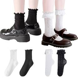 Omlalayi 2 Paare Spitzen Rüschen Socken+2 Paare Rüschen Socken aus Baumwolle,Socken mit Rüschen Damen,Söckchen mit Rüschen,Rüschen Socken Damen,Socken Rüschen Damen,Dirndl Socken,für Lolita Dress von Omlalayi