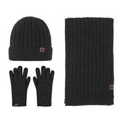 Ommda Damen Wintermütze Schal Handschuhe Set Alpaka-Strick-Thermo-Schädelmützen-Hut mit Korallenfleece, Lang Schal, Touchscreen-Handschuhen Winterset, Schwarz von Ommda