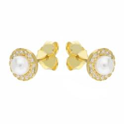 Ohrringe aus 18 Karat Gelbgold mit runden Perlen, Weiße Zirkonen von OmniaOro