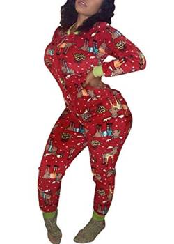 Damen Familie Ugly Christmas Onesies Pyjama Erwachsene Passende Onesie Jumpsuit für Weihnachten Lustiger Druck Nachtwäsche Strampler, Rot/Ausflug, einfarbig (Getaway Solids), XL von Onancehim