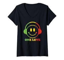 Damen One Love Rasta Reggae Musik Kopfhörer Smile Face Rastafari T-Shirt mit V-Ausschnitt von One Love Rasta Reggae Roots Tshirts