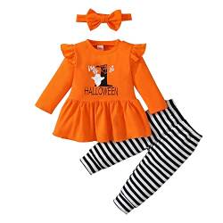 Baby Mädchen Kleidung Set 3tlg My First Halloween Langarm Outfit mit Stirnband und langem Kürbis Hosen (Orange 1, 80 (3-6 Monate)) von OneCut