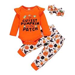 Baby Mädchen Kleidung Set 3tlg My First Halloween Langarm Outfit mit Stirnband und langem Kürbis Hosen (Orange 2, 100 (12-18 Monate)) von OneCut