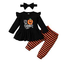 Baby Mädchen Kleidung Set 3tlg My First Halloween Langarm Outfit mit Stirnband und langem Kürbis Hosen (Schwarz, 70 (0-3 Monate)) von OneCut