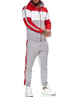 OneRedox | Herren Trainingsanzug | Jogginganzug | Sportanzug | Jogging Anzug | Hoodie-Sporthose | Jogging-Anzug | Trainings-Anzug | Jogging-Hose | Modell JG-1082 (S, Rot Weiß Grau) von OneRedox