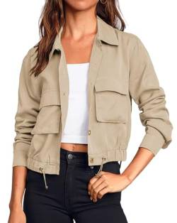 Onedreamer Damen Militär Safari Cropped Jacken Button Down Leichter Oversize Utility Anorak Mantel mit Taschen, Beige, XL von Onedreamer