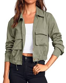 Onedreamer Damen Militär Safari Cropped Jacken Button Down Leichter Oversize Utility Anorak Mantel mit Taschen, Grün (Army Green), L von Onedreamer