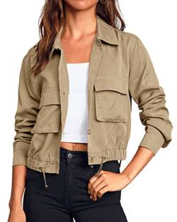 Onedreamer Damen Military Safari Cropped Jacken Knopfleiste Leichte Oversized Utility Anorak Mantel mit Taschen, Khaki, S von Onedreamer