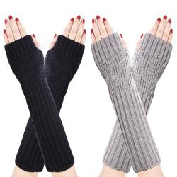 Oneshlee 2 Stücke Fingerlose Handschuhe Damen Winter Warm, Thermo Winterhandschuhe Damen, Handstulpen Armstulpen Damen Fingerlose Stulpen Strick Y2k Hand Arm Warmers Sleeve (Schwarz + Grau) von Oneshlee