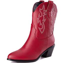 Onewus Damen Cowboy Kurze Stiefel Western Stiefel - Retro Cowgirl Stiefeletten (Rot, 48) von Onewus