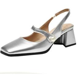 Onewus Damen Elegante Slingback-Sandalen mit Blockabsätzen und Quadratischer Zehenpartie (Silber, 46) von Onewus