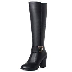 Onewus Damen Stiefel mit Blockabsatz Reißverschluss Langschaft Stiefel (PU Schwarz, 47 EU) von Onewus