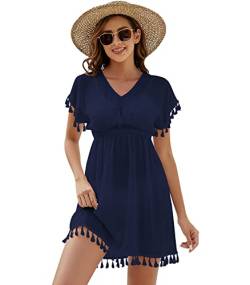 Onfettic Damen Strandkleid Sommer Badeanzug Strandtunika Chiffon Strandponcho Sommerkleider Bikini Cover mit V-Ausschnitt (Blau, L) von Onfettic