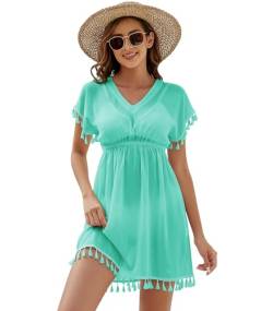 Onfettic Damen Strandkleid Sommer Badeanzug Strandtunika Chiffon Strandponcho Sommerkleider Bikini Cover mit V-Ausschnitt (Grün S) von Onfettic