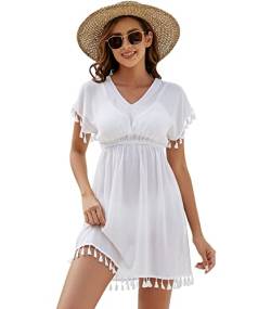 Onfettic Damen Strandkleid Sommer Badeanzug Strandtunika Chiffon Strandponcho Sommerkleider Bikini Cover mit V-Ausschnitt (Weiß, L) von Onfettic