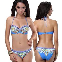 Damen Push Up Neckholder Bikini Set M/L Blau Retro Muster Cup Bandeau Badeanzug Strand Cup B/C von Online-Star