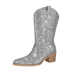 Only maker Damen Fashin Stiefel Glitter Cowboy Boots Damen Halbschaftstiefel Westernstiefel Metallic Silber 38 EU von Only maker