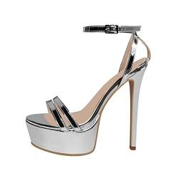 Only maker Damen Fashion Sandalen Riemchensandalen Plateau Stiletto Sandaletten mit Schnallen Metallic Silber 38 EU von Only maker