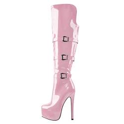 Only maker Damen High Heel Reissverschluss Over Knee StiefeL Lackoptik Plateau mit Schnallen Stiletto Pink 46 EU, Rosa von Only maker