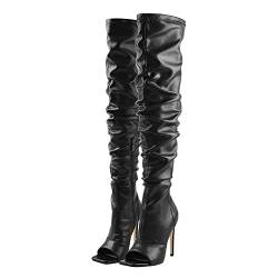 Only maker Damen Overknee Stiefel Peeptoe Eckige Zehen Slouch Boots Schlupfstiefel Stiefel mit Stiletto Absatz Lederimitat Schwarz 43 EU von Only maker