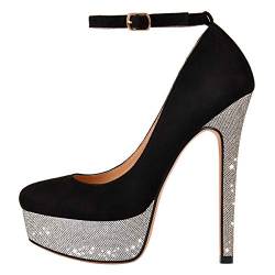 Only maker Damen Plateau Mary Jane Runde Zehen High Heels Stilettos Elegante Absatzschuhe Flanell Schwarz Silber 46 EU von Only maker